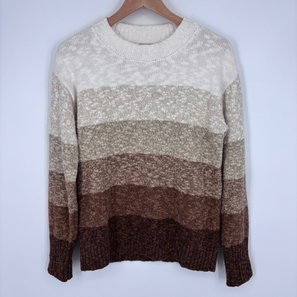 LL Bean Cotton Ragg Crewneck Stripe Sweater Womens M Brown Cream Cozy